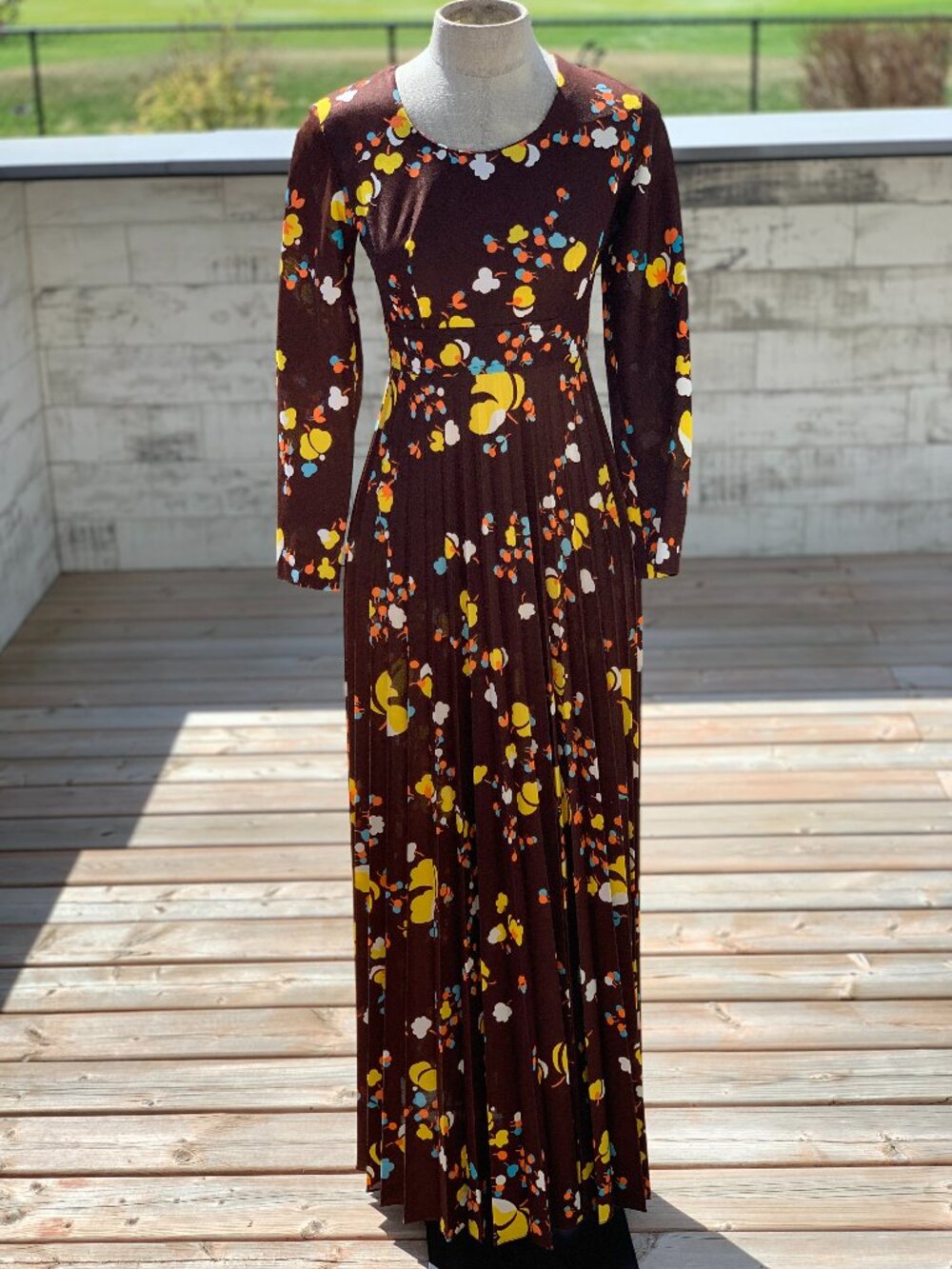Vtg 70s Polka Dot Maxi Dress Chocolate Brown Pleated Handmade Retro Boho Modest